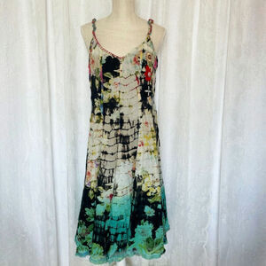 Tianello Layered Ruffle Tie Dye Beaded Floral Summer V Neck Midi Dress XS